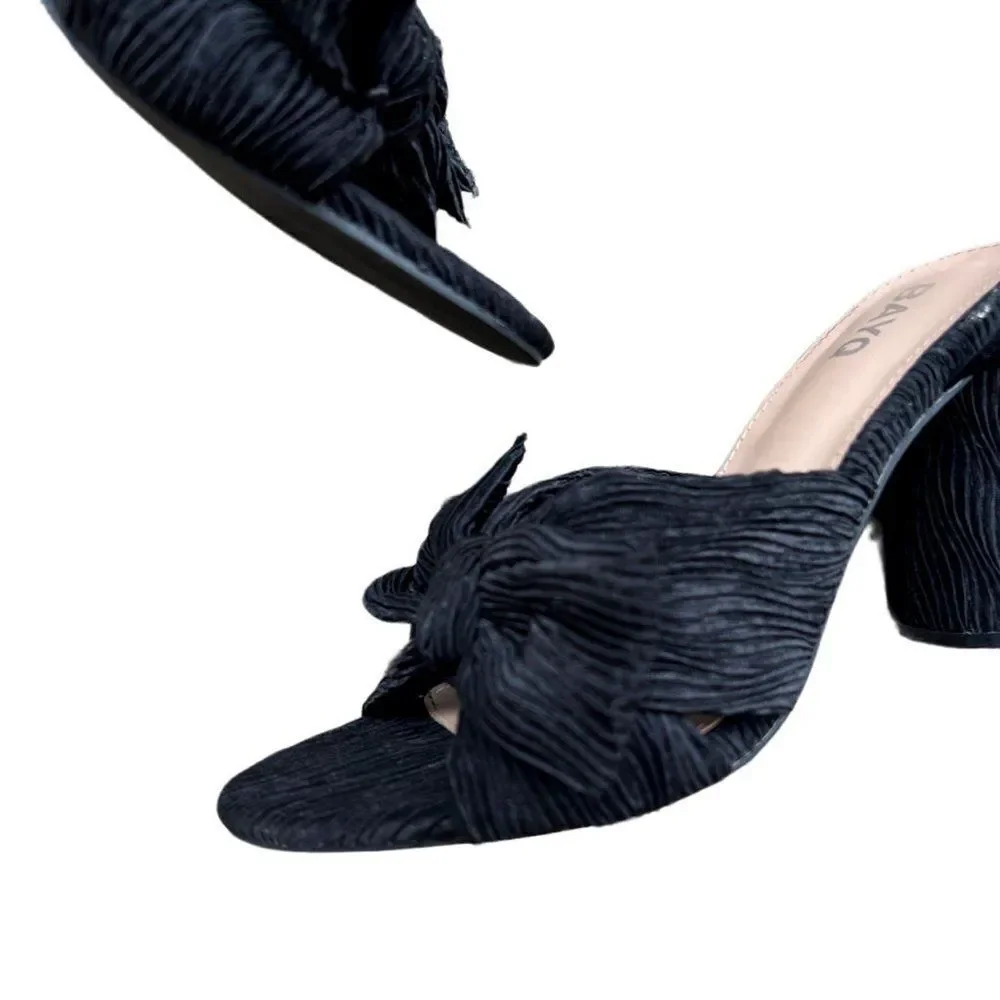 BAYQ Black Textured Fabric Bow Ankle Strap Block Heel Open Toe Heeled Sandals